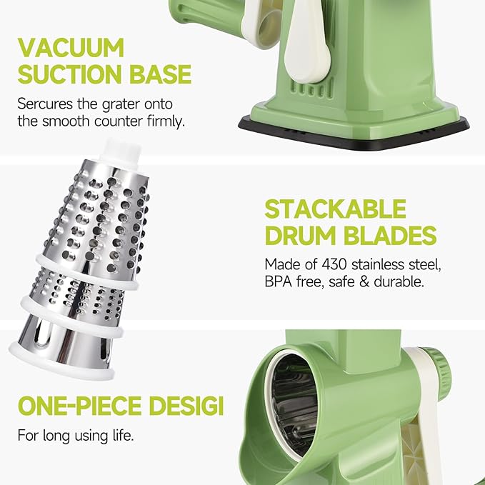 Rotary Cheese Grater Hand Crank Transparent - Shredder Slicer Grinder 3 Stainless Steel Blades, Stable Suction, Labor-Saving Handle, Safe Kitchen Tool for Cheese, Vegetable, Nuts, Chocolate - Image 6