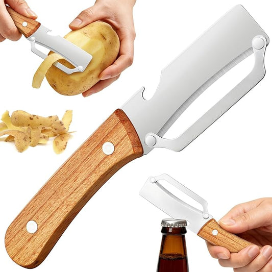 Multi-Functional Vegetable Peeler for Kitchen, 2-in-1 Stainless Steel Kitchen Tool with Bottle Opener and Wooden Handle Stainless Steel Blade for Fruit Apple Carrot Papaya Potato Pumpkin (1PCS)