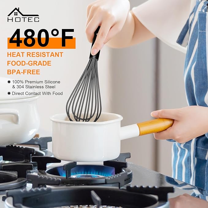 HOTEC 4 Pieces Silicone Whisks Set, Wire Balloon Whisks Egg Beater, Non-slip Handle Whisk for Non-stick Cookware Perfect for Cooking, Stirring, Beating and Blending (Black) - Image 2