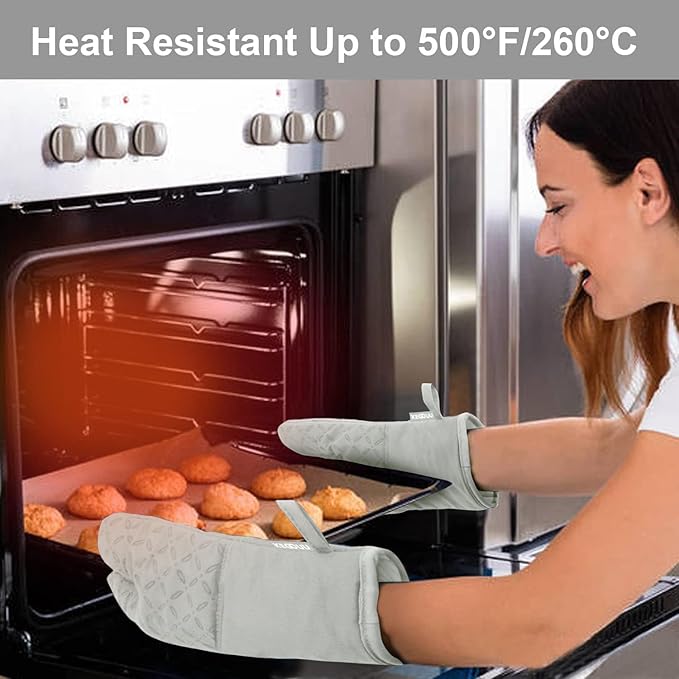 KEGOUU Oven Mitts and Pot Holders 6pcs Set, Kitchen Oven Glove High Heat Resistant 500 Degree Extra Long Oven Mitts and Potholder with Non-Slip Silicone Surface for Cooking （Greenish Gary） - Image 5