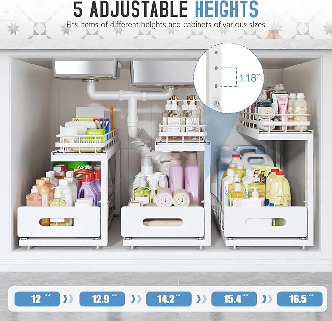 Under Sink Organizer Upgrade To Professional Rails,2-Tier Dual Pull Out Cabinet Storage,Height Adjustable Slide Out Drawers For Bathroom Kitchen,1 Pack-21"Dx12.8"-16.9"H,White - Image 6