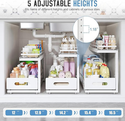 Under Sink Organizer Upgrade To Professional Rails,2-Tier Dual Pull Out Cabinet Storage,Height Adjustable Slide Out Drawers For Bathroom Kitchen,1 Pack-21"Dx12.8"-16.9"H,White - Image 6