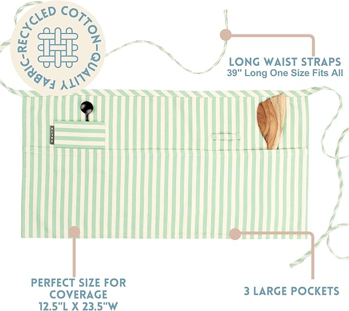 MEEMA Chef Waist Apron Cotton Fabric |Washable & Breathable Waitress & Server Half Aprons for Women with Pockets & Long Waist Straps | Cooking, Baking, Grilling & Crafting