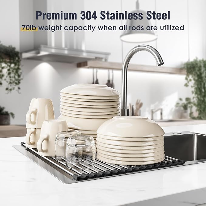 Tomorotec 17.7" x 12.5" Roll Up Dish Drying Rack Over Sink Drying Rack Sink Cover Kitchen Sink Accessories Gadget Multipurpose Organizer Foldable Stainless Steel Drainer - Image 5
