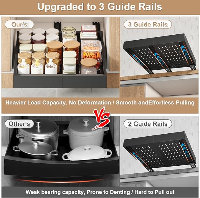 Pull out Cabinet Organizer,Expandable Width(11"-16"),Depth(17"-24") with 3 Rails,Roll out Drawers,No Drill Adjustable Slide out Shelves for Kitchen,Pantry,for Both Lip and Lip-Free Cabinets,Black(1PC) - Image 5