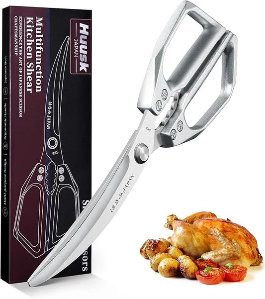 HUUSK Kitchen Scissors Silver - Stainless Steel Kitchen Shears for Food, Japanese Cooking Scissor, Sharp Meat Scissors Dishwasher Safe, Heavy Duty Poultry Shears for Chicken, Gifts for Women by HuuskKnife
