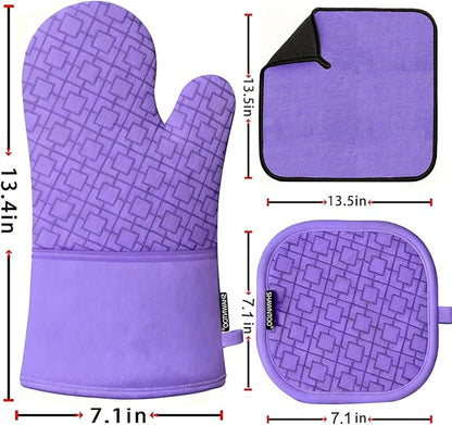 Oven Mitts and Pot Holders Sets 6pcs, Kitchen Oven Glove,High Heat Resistant 550 Degree Extra Long Oven Mitts and Potholders with Non-Slip Silicone Surface for Home Essentials (Grey) (Purple) - Image 2