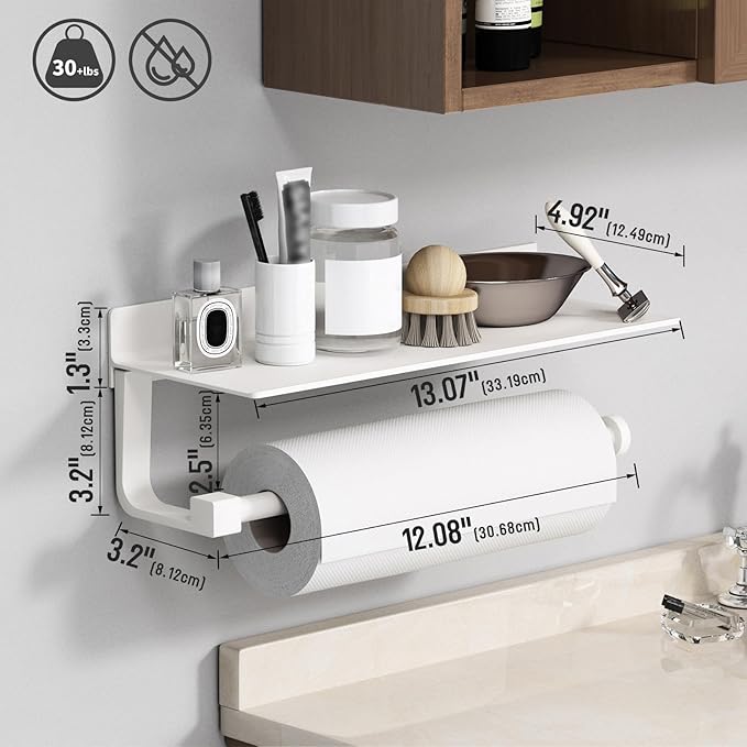 Danpoo White Paper Towel Holder with Shelf Wall Mount, Adhesive Hand Towel Holder for Bathroom, Kitchen Towel Holder - Image 2