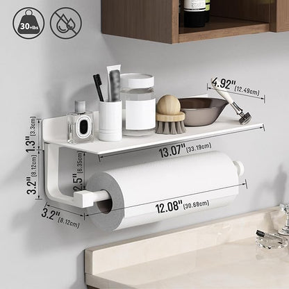 Danpoo White Paper Towel Holder with Shelf Wall Mount, Adhesive Hand Towel Holder for Bathroom, Kitchen Towel Holder - Image 2