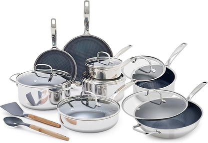 Blue Diamond Hybrid Nonstick Stainless Steel 16 Piece Cookware Set, Tri-Ply PFAS-Free Ceramic Diamond Bond Pots & Pans, Dishwasher & Oven Safe to 850F, Induction Ready, Metal Utensil Safe, Silver by BlueDiamondCookware