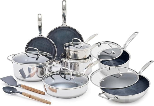 Blue Diamond Hybrid Nonstick Stainless Steel 16 Piece Cookware Set, Tri-Ply PFAS-Free Ceramic Diamond Bond Pots & Pans, Dishwasher & Oven Safe to 850F, Induction Ready, Metal Utensil Safe, Silver by BlueDiamondCookware