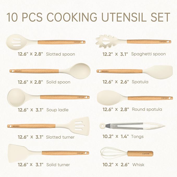 CAROTE Silicone Cooking Utensils Set, Kitchen Utensils Set 10 Pcs for cooking, BPA Free Spatula Set with Heat Resistant Wood Handles for Nonstick Cookware (Cream White) - Image 2