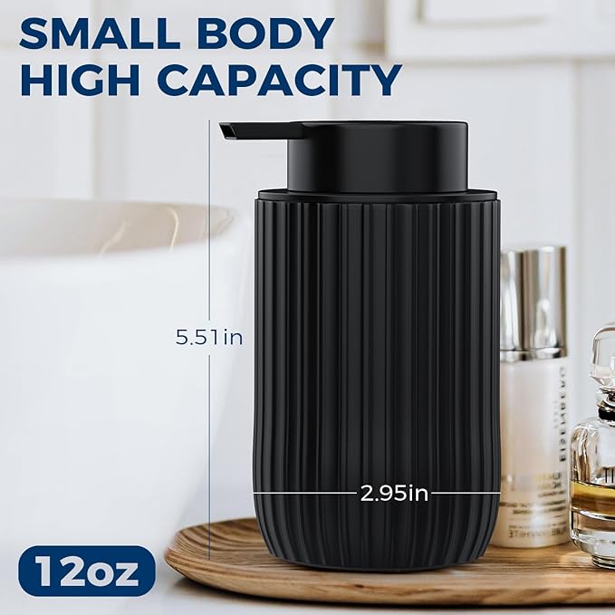 Ceramic Foaming Hand Soap Dispenser, 12 oz Bathroom Soap Dispensers, Lotion Dispenser for Kitchen, Refillable Matte Streaks Soap Dispenser with Large Pump (Black)