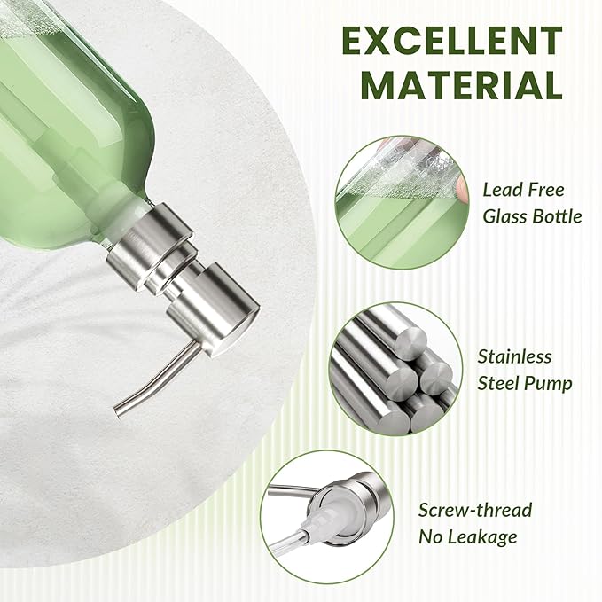 AmazerBath Soap Dispenser, 2 Pack Glass Soap Dispenser with Pump Stainless Steel, 17 Oz Hand Soap Bottles Bathroom Kitchen, Clear - Image 2