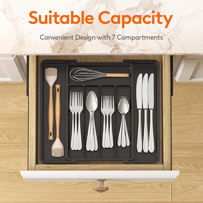 Lifewit Expandable Silverware Organizer, Plastic Utensil Tray for Kitchen Drawer, BPA Free Flatware Cutlery Holder, Space-Saving Storage for Spoons Forks Knives, 8.5-14 x 12 x 1.5 inch, Black - Image 2