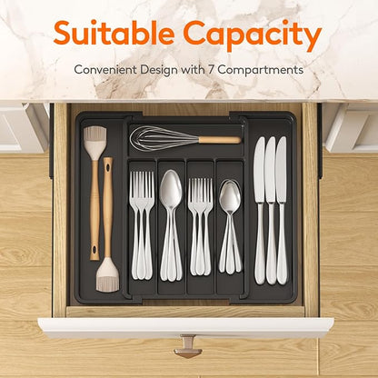 Lifewit Expandable Silverware Organizer, Plastic Utensil Tray for Kitchen Drawer, BPA Free Flatware Cutlery Holder, Space-Saving Storage for Spoons Forks Knives, 8.5-14 x 12 x 1.5 inch, Black - Image 2
