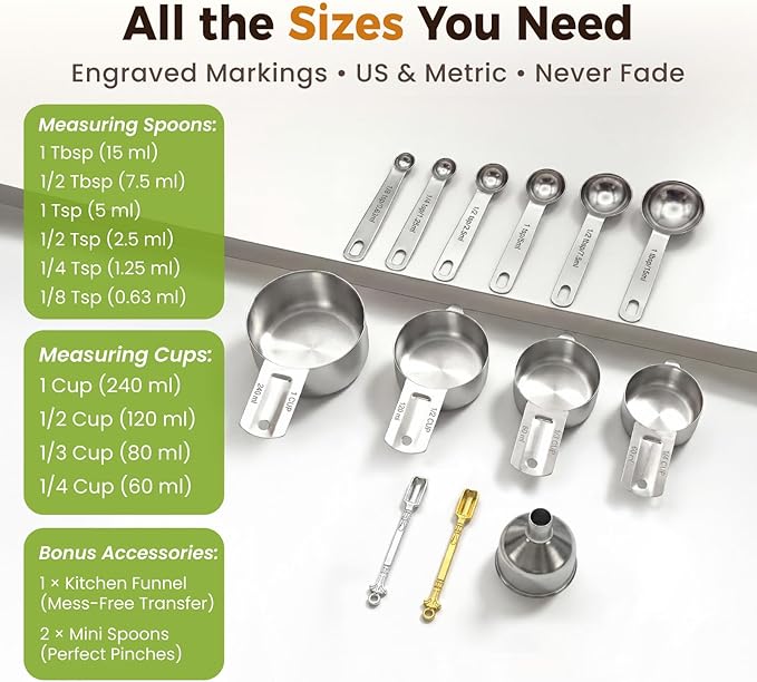 13PCS Measuring Cups and Spoons Set, Premium Heavy Duty Steel Measuring Spoons Cups Set with Metric and US Measurements, Set for Measuring Dry and Liquid Ingredients - Image 5