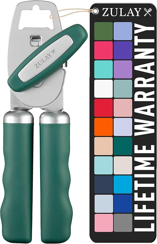 Zulay Kitchen Heavy Duty Stainless Steel Can Opener Manual with Bottle Opener - Rust Proof Manual Can Opener With Turn Knob & Comfy Soft Grip Handles - Pine Green by ZulayKitchen