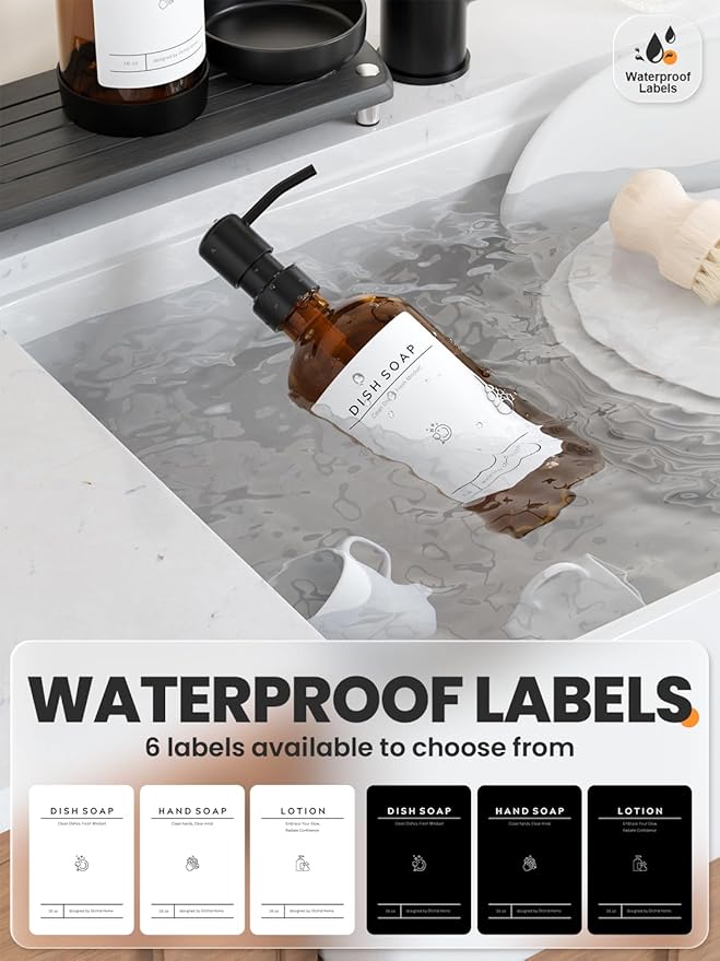 [Luxury] Kitchen Soap Dispenser Set - 16OZ Amber Glass Bottle, Stainless Steel Pump, Instant Dry Tray, Waterproof Labels, Non-Slip Silicone Pad, and Dish Brush | Upgrade for Your Kitchen and Bathroom - Image 4