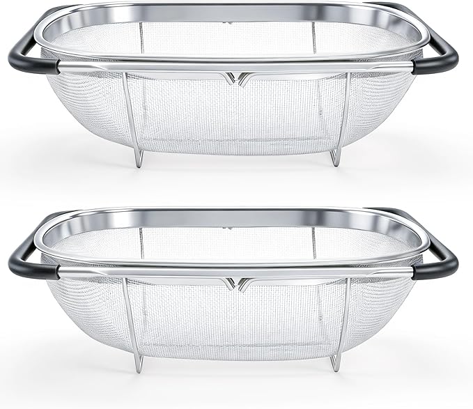Suwimut 2 Pack Over the Sink Oval Colander for Kitchen, Stainless Steel Fine Mesh 6 Quart Strainer Basket with Expandable Rubber Grip Handles for Straining, Draining, Rinsing Fruits, Vegetables by Suwimut