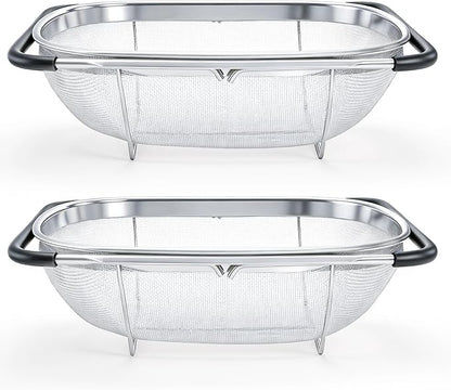 Suwimut 2 Pack Over the Sink Oval Colander for Kitchen, Stainless Steel Fine Mesh 6 Quart Strainer Basket with Expandable Rubber Grip Handles for Straining, Draining, Rinsing Fruits, Vegetables by Suwimut