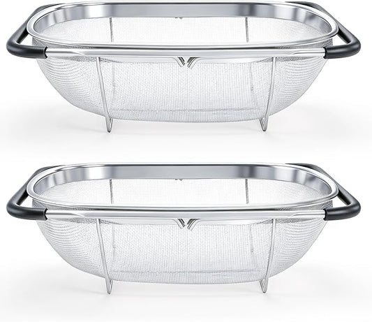 Suwimut 2 Pack Over the Sink Oval Colander for Kitchen, Stainless Steel Fine Mesh 6 Quart Strainer Basket with Expandable Rubber Grip Handles for Straining, Draining, Rinsing Fruits, Vegetables by Suwimut