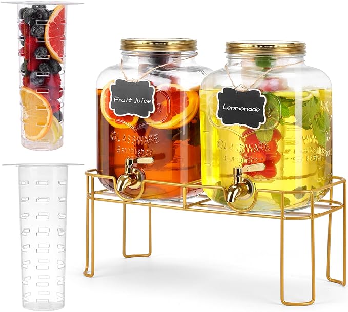 1.6 gallon Glass Beverage Dispenser with Stand, 2PACK Lemonade Dispenser with Spigot Stainless Steel, Drink Dispensers for Parties,Picnic,Weddings(Golden) by MIWUYI