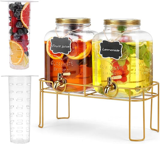 1.6 gallon Glass Beverage Dispenser with Stand, 2PACK Lemonade Dispenser with Spigot Stainless Steel, Drink Dispensers for Parties,Picnic,Weddings(Golden) by MIWUYI