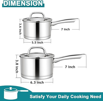 E-far Stainless Steel Saucepan with Lid Set - 1QT & 2QT, Triply Sauce Pan Induction Pot for Cooking, Boiling, Compatible with All Stoves, Visible Lid, Healthy & Non Toxic, Oven & Dishwasher Safe - Image 2