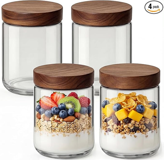 16oz 4 Pack Overnight Oats Containers with Lids, Glass Mason Jars with Acacia Wood Airtight Lids, Wide Mouth Meal Prep Storage Jars for Yogurt, Chia Pudding, Salad, Parfait, Snacks, Spice