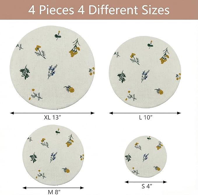 Reusable Bowl Covers (Set of 4) - Breathable Cotton Linen Sourdough Accessories - Elastic Durable Fabric Food Lids for Proofing Baskets & Bread Baking Supplies (Natural Beige) - Image 2