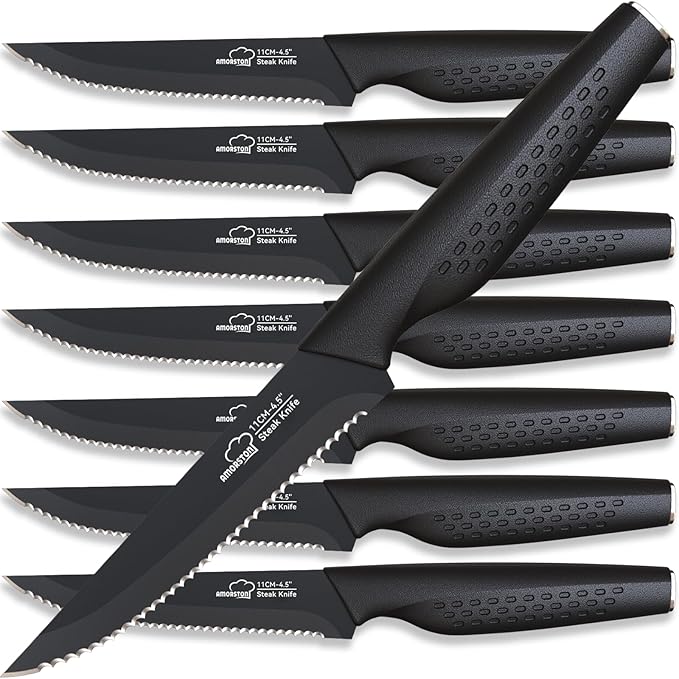 Amorston Steak Knives, Steak Knives Set of 8, Stainless Steel Steak Knife Set, Serrated Knives Dishwasher Safe, Elegant Black Mothers Day Gifts for Women by Amorston