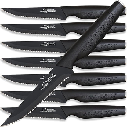 Amorston Steak Knives, Steak Knives Set of 8, Stainless Steel Steak Knife Set, Serrated Knives Dishwasher Safe, Elegant Black Mothers Day Gifts for Women by Amorston
