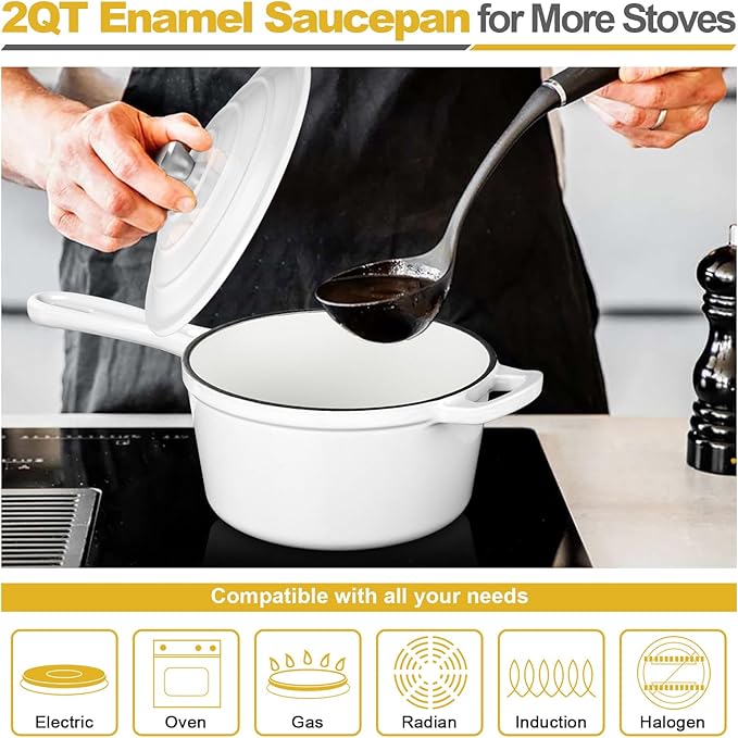 HaSteeL 2 QT Cast Iron Saucepan, Mini Enamel dutch oven with lid, Small Non Stick Pan for Milk, Pasta Tomato Sauce, Butter, Breakfast, Soup, Suitable for Boiling Stewing Frying, Easy to Clean, White