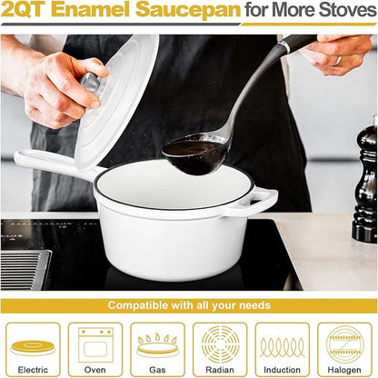 HaSteeL 2 QT Cast Iron Saucepan, Mini Enamel dutch oven with lid, Small Non Stick Pan for Milk, Pasta Tomato Sauce, Butter, Breakfast, Soup, Suitable for Boiling Stewing Frying, Easy to Clean, White