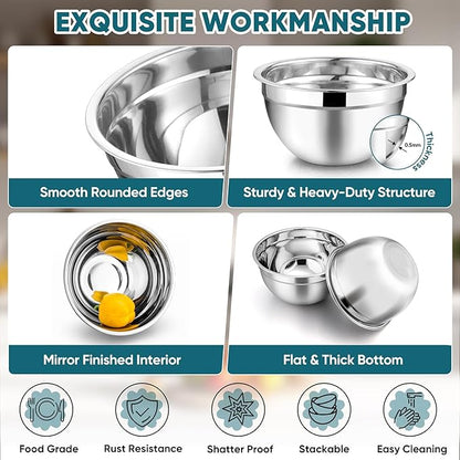 TeamFar Mixing Bowl Set of 5, Stainless Steel 4.5/3/1.5/1/0.7 QT Metal Nesting Salad Bowls with Lids, Ideal for Mixing Serving Tossing, Non-Toxic & Sturdy, Airtight Lid & Easy Clean, Blue - Image 4