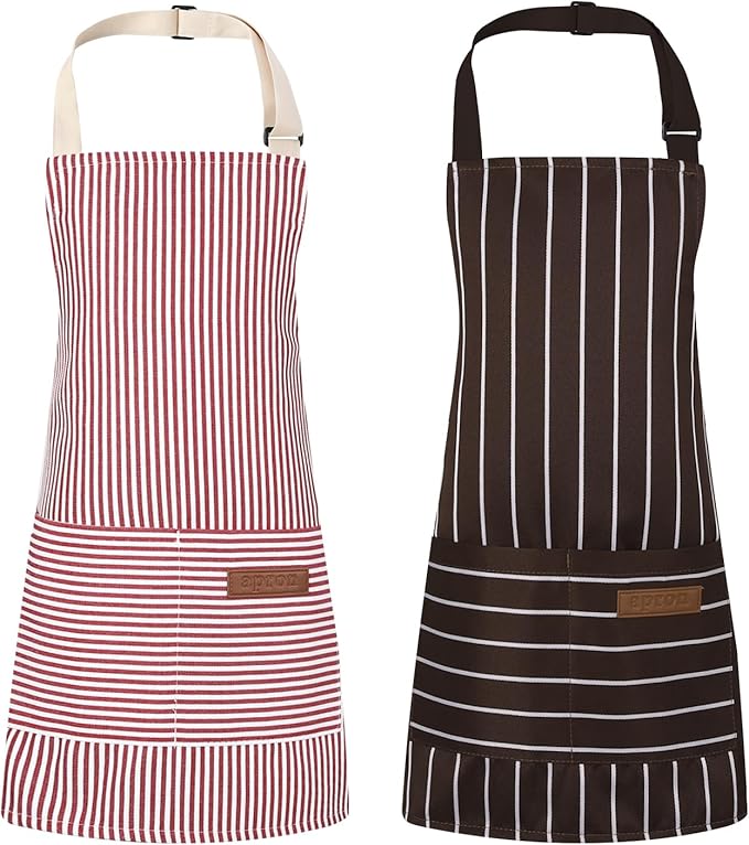 2 Pack Stripes Kids Apron, Kids Cooking Aprons with 2 Pockets, Cute Aprons for Cooking for Boys and Girls