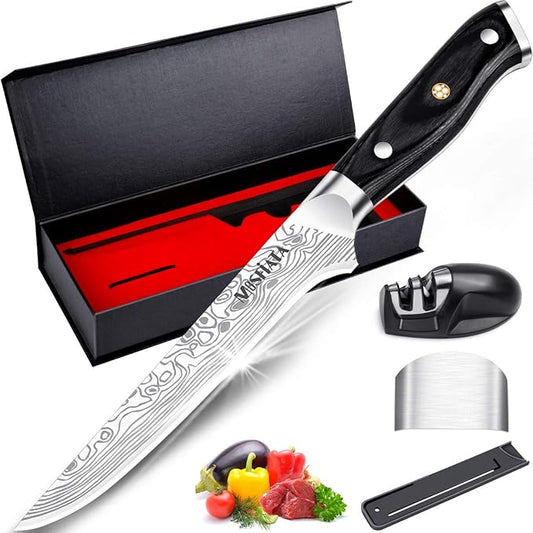 MOSFiATA 6" Boning Knife, Sharp Kitchen Cooking Knife with Finger Guard and Knife Sharpener, German High Carbon Stainless Steel EN1.4116 Chef’s Knife with Micarta Handle and Gift Box by MOSFiATA