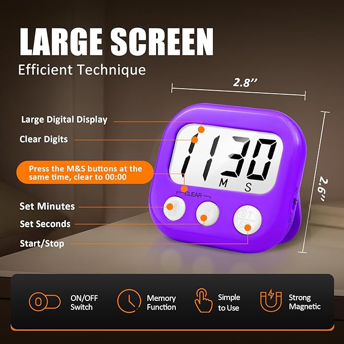 2 Pack Digital Kitchen Timer for Cooking Big Digits Loud Alarm Magnetic Backing Stand Cooking Timers for Baking Purple - Image 2