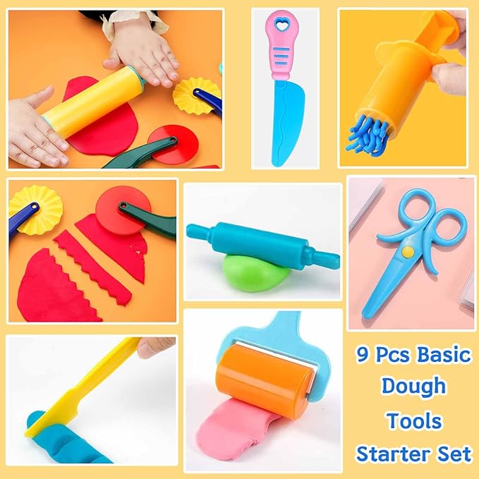 Dough Tool Kit,9 Pcs Basic Clay and Dough Tools Starter Set for Kids Includes Cutters Roller, Rolling Pins, Safety Scissors,Dough Extruder,Plastic Knife - Image 3