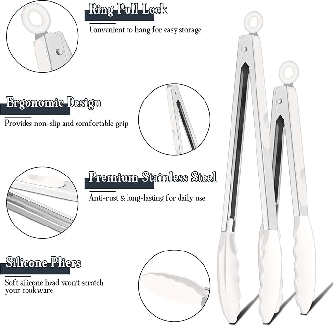 TeamFar Kitchen Tongs, 9" and 12" Stainless Steel Cooking Tongs with Silicone Tips for Cooking Grilling Serving & BBQ, Heat Resistant Silicone Tongs, Locking Design & Dishwasher Safe, Set of 2 & White - Image 3