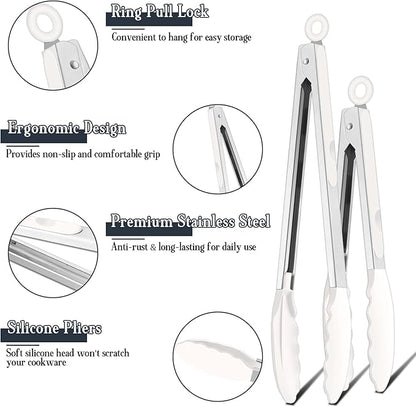 TeamFar Kitchen Tongs, 9" and 12" Stainless Steel Cooking Tongs with Silicone Tips for Cooking Grilling Serving & BBQ, Heat Resistant Silicone Tongs, Locking Design & Dishwasher Safe, Set of 2 & White - Image 3