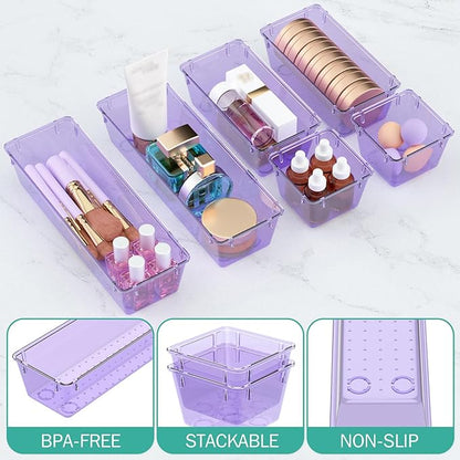 WOWBOX 12 Pack Clear Drawer Organizer Set, Acrylic Drawer Storage Trays, Storage Bins for Makeup, Cosmetics, Jewelries, Utensils, Gadgets, Office, Purple - Image 3