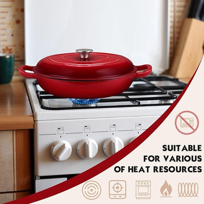 Overmont Enameled Cast Iron Dutch Oven - 3.8 Quart Dutch Oven Pot with Lid - Shallow Cookware Braising Pan - Cast Iron Casserole with Cookbook & Heat-Resistant Caps - Oven Safe up to 500° F Red