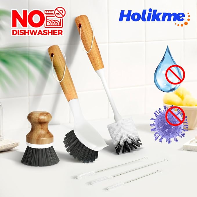 Holikme 6 Pack Dish Brush Scouring Pad Set with Bottle Brush, Dish Brush, Palm Scrub Brush and Straw Brush, Dish Scrubber Long Handle for Dish Bottle Cup Skillet Wok Pot Pan Cast Iron, Dark Gray - Image 5
