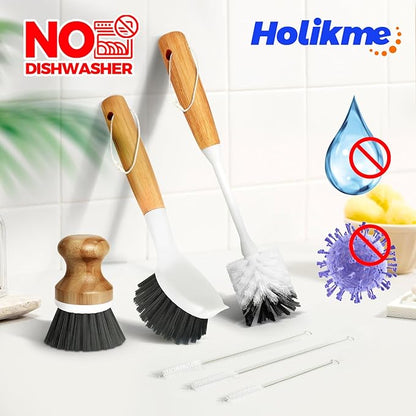 Holikme 6 Pack Dish Brush Scouring Pad Set with Bottle Brush, Dish Brush, Palm Scrub Brush and Straw Brush, Dish Scrubber Long Handle for Dish Bottle Cup Skillet Wok Pot Pan Cast Iron, Dark Gray - Image 5