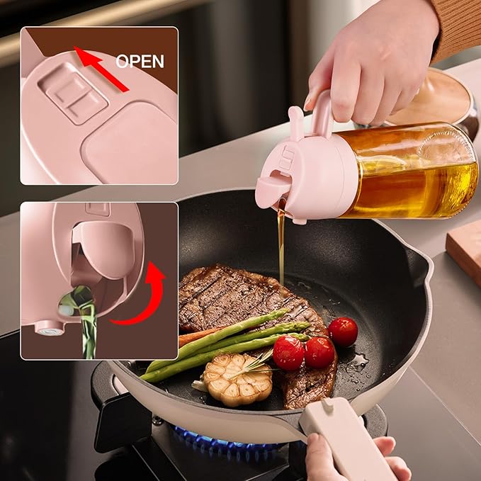 YARRAMATE 16oz/470ml Glass Olive Oil Sprayer for Cooking with Stickers, 2 in 1 Oil Dispenser for Kitchen Gadgets, Food Grade Premium Spray Bottle for Salad, Frying, BBQ (PeachPink) - Image 7