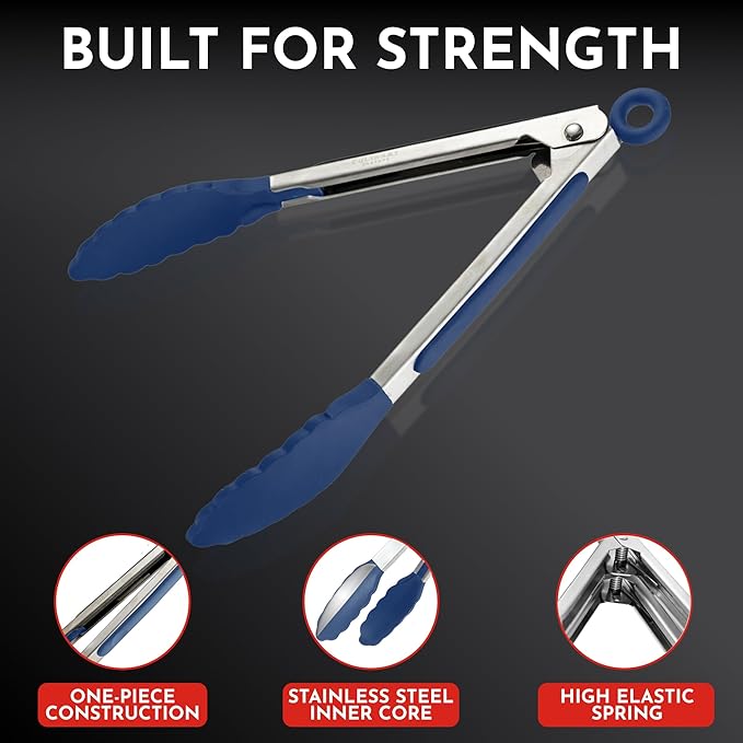 Kitchen Tongs with Silicone Tips Set of 3 Heat Resistant Tongs for Serving Food, 7-Inch, 9-Inch, 12-Inch Locking Silicone Tongs for Cooking, Salad Tong, Blue Kitchen Utensils - Image 4