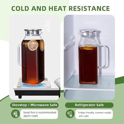 Hannadepot Glass Pitcher, 2 Pack 2L/68oz Glass Water Pitcher with Lid and Spout, Heat/Cold Resistant Borosilicate Glass Water Carafe for Coffee, Juice and Homemade Beverage (TG05)