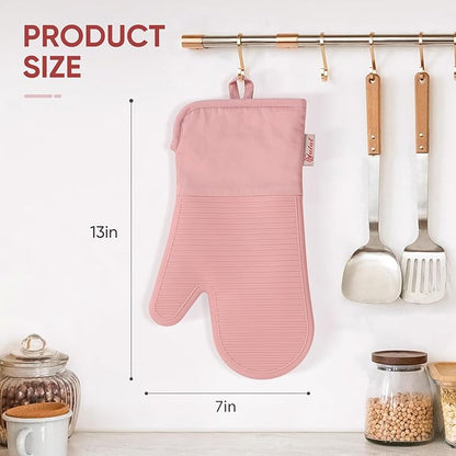 YUTAT Silicone Oven Mitts,High Heat Resistant Up to 500 Degrees,Waterproof Cooking Gloves with Soft Polyester Filling,Kitchen Potholder Set - Perfect for BBQ,Baking and Cooking,Pink,2 Pcs Set - Image 4